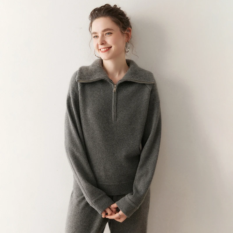 女性用100％カシミヤセーター、ジッパー付きニットセーター、タートルネック、厚手プルオーバー、プレッピースタイル、高級秋冬カシミヤトップス