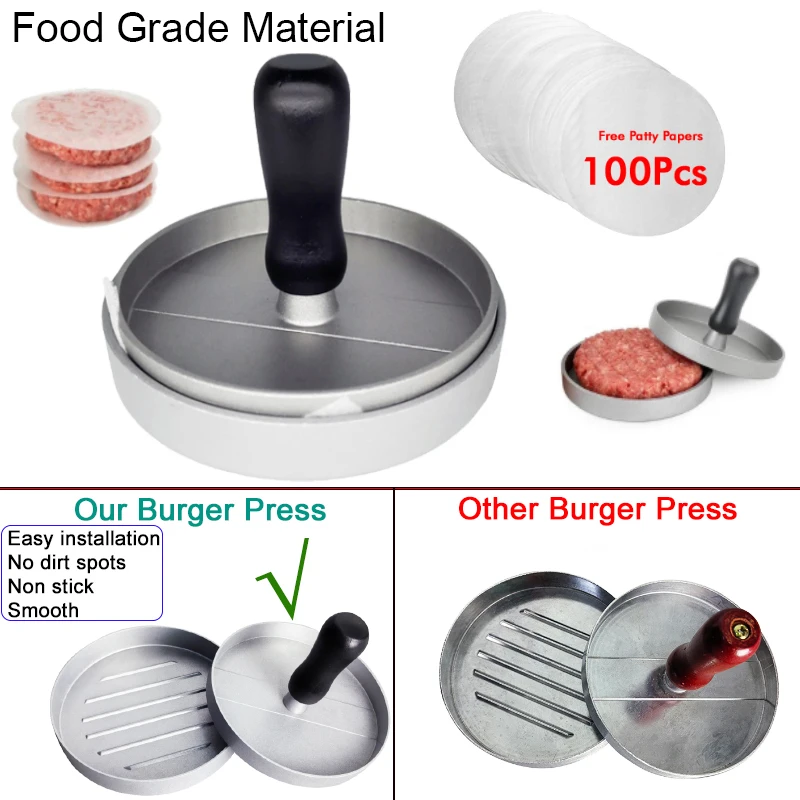 Burger Press Patty Maker Stainless Steel Hamburger Mold Non-Stick with 100 Patty Papers