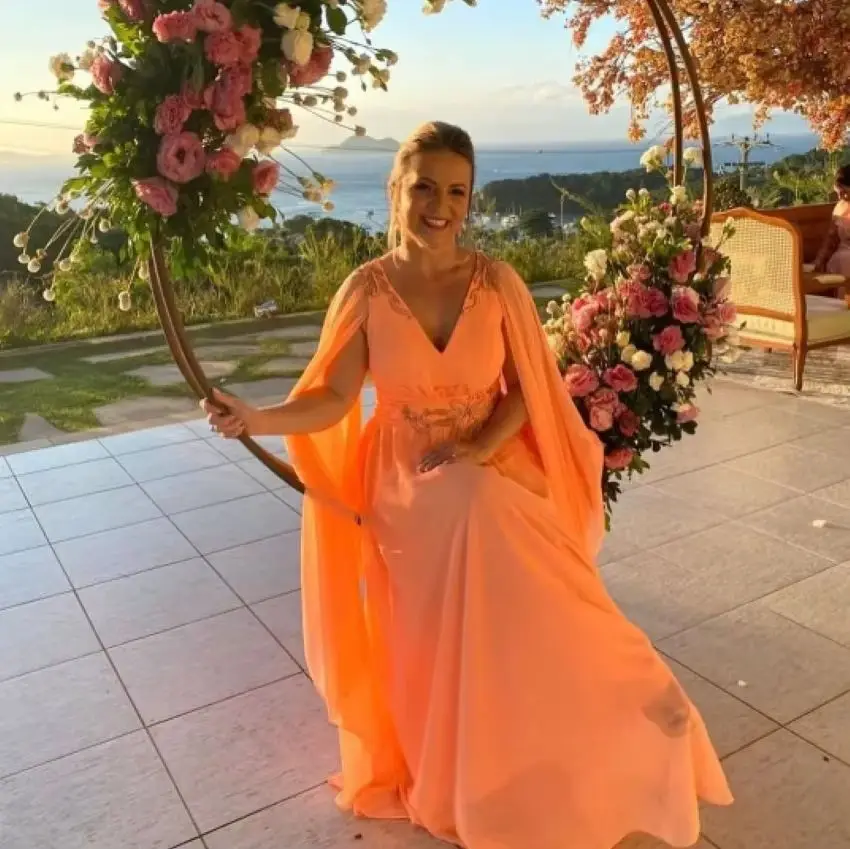 A-Line Floor Length V-Neck Wedding Party Dresses for Women Vintage Long Orange Chiffon Beaded Mother of the Bride Dresses