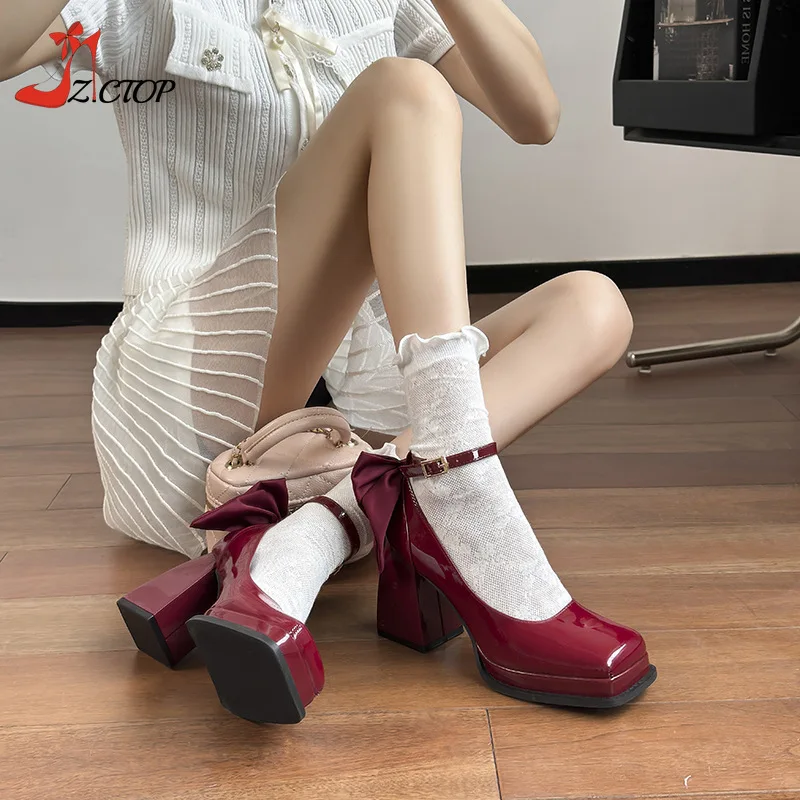 

Red Women Pumps Platform Chunky High Heels with Bow Square Toe Mary Jane Shoes Ankle Strap Retro Elegant Heeled Wedding Shoes