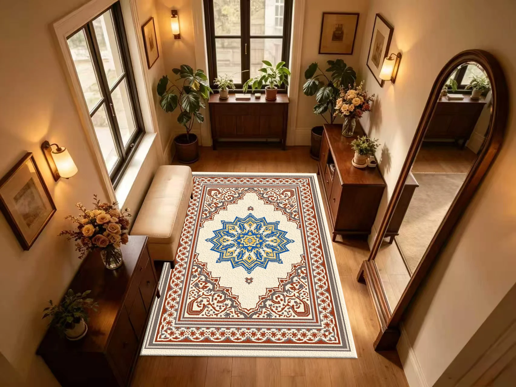 Classic Oriental Mandala Medallion Carpet Flooring Vintage Bordered Square Printed Floor Rug for Indoor House Ornament