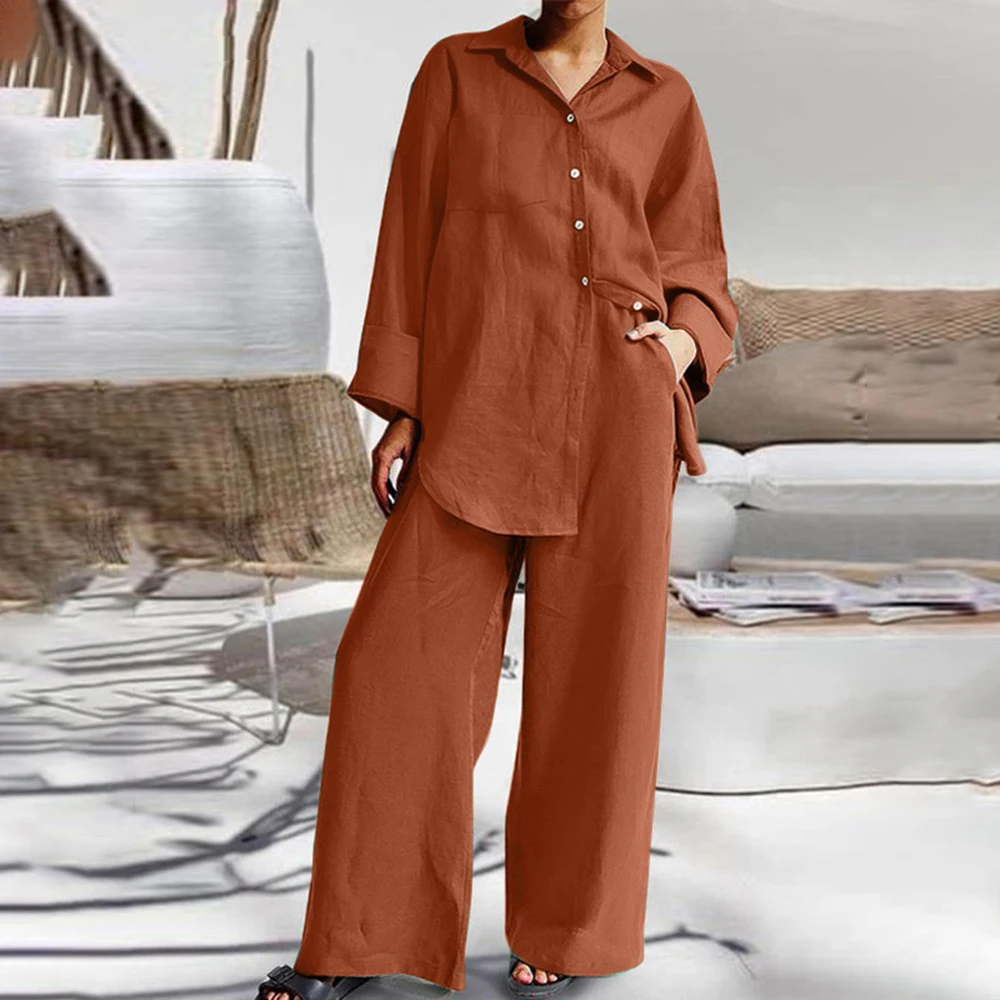 2024 New In Women Pants 2 Piece Sets Women Outfit Spring Autumn Lady Casual Linen Solid Color Loose Tops And Wide Legs Pant Suit