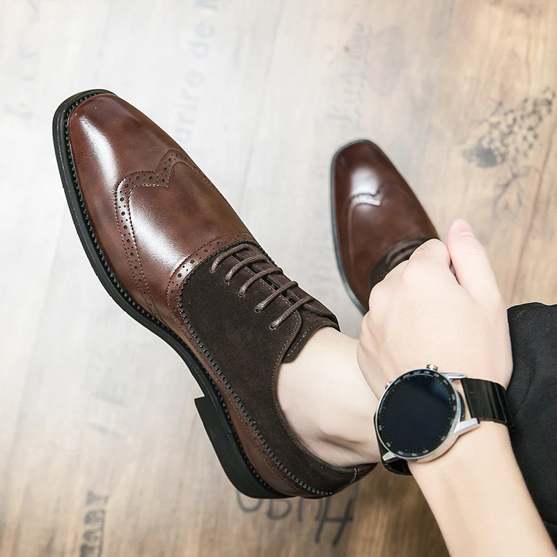 

Men retro formal shoes PU black brown patchwork lace up business high-quality block shoes European style sizes 38-46 men shoes