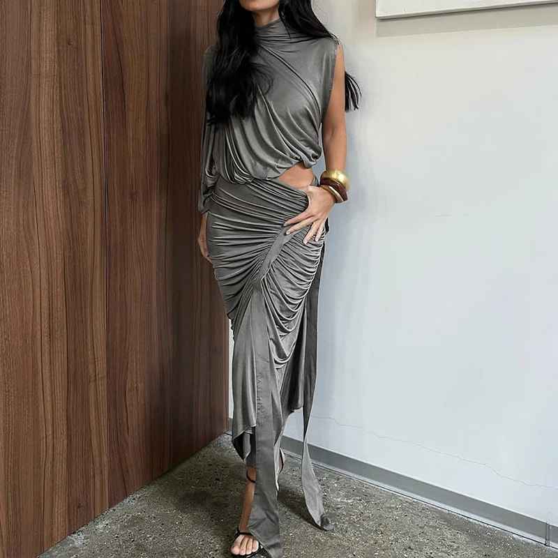 OMSJ 2025 Set di temperamento in due pezzi Top con collo alto e monospalla + Gonne drappeggiate Abito asimmetrico Abbigliamento da donna per ufficio per feste