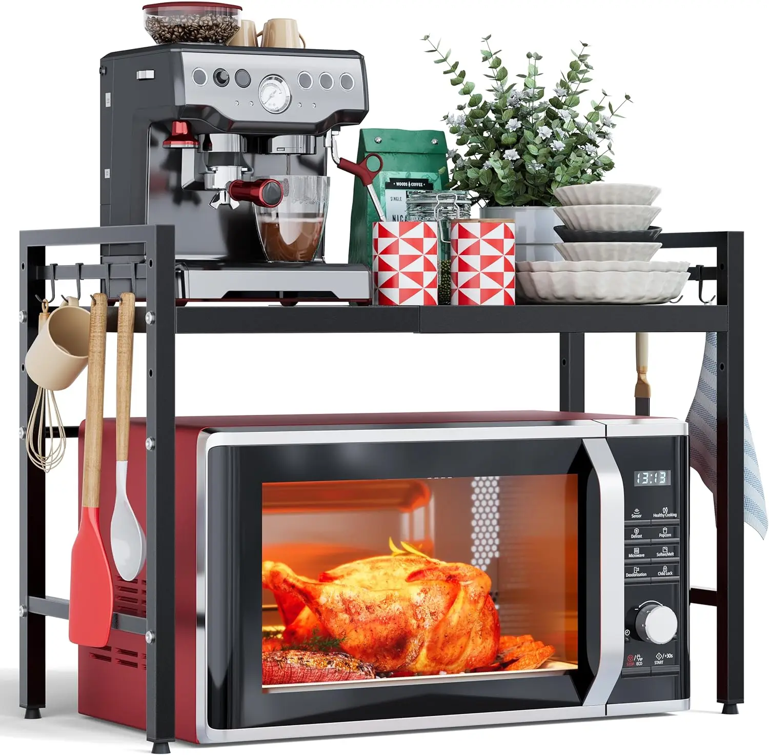 

Expandable Microwave Stand, 2-Tier Metal Kitchen Shelf with 8 Hooks, 55lbs Capacity