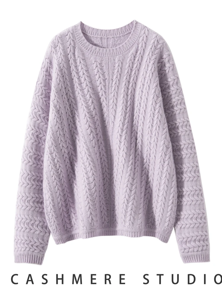 

MEETCC Autumn Winter Women Cashmere Pullover O-Neck Heavy Work 100% Cashmere Sweater Cable Stitch Female Casual Jumpers Tops