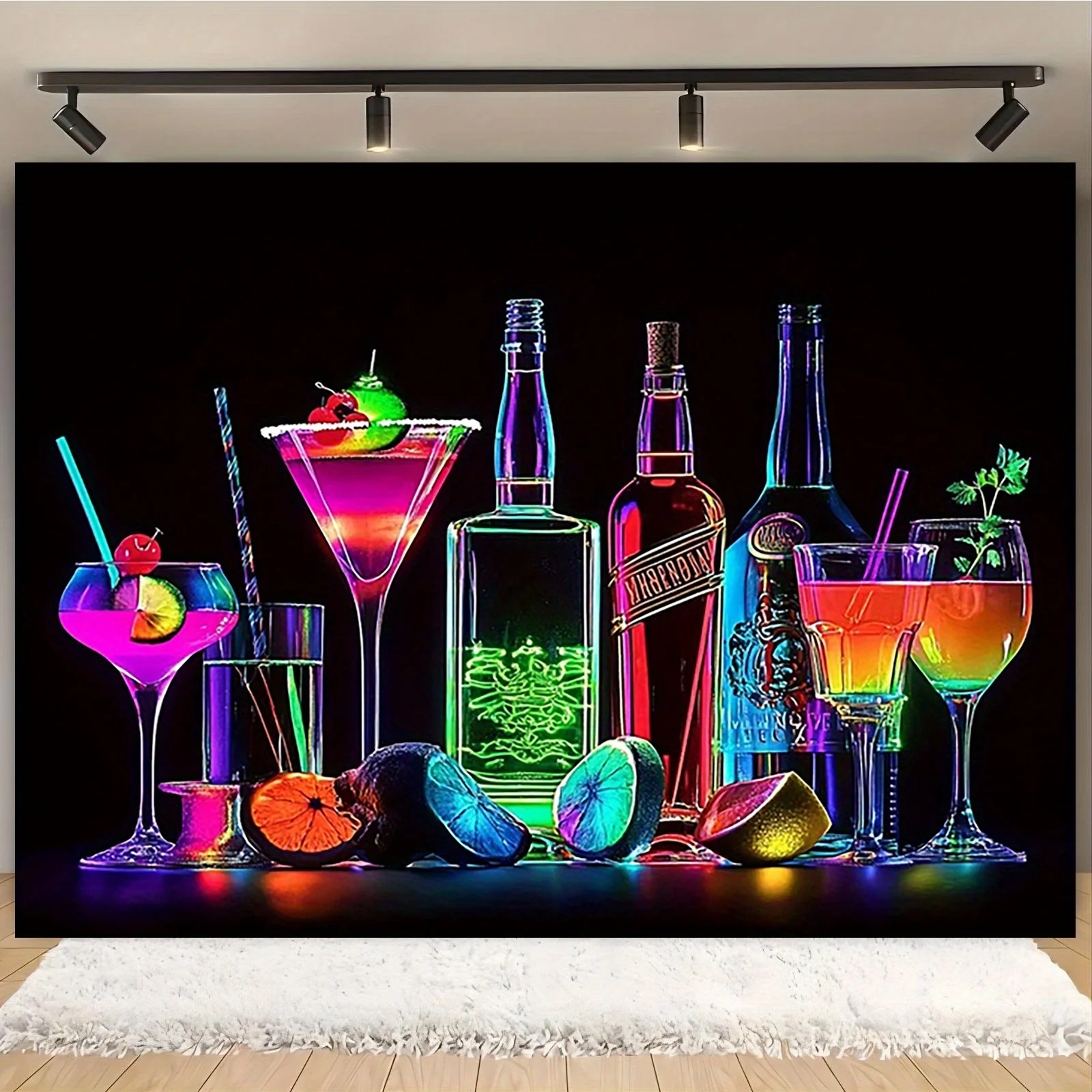 Neon Cocktail Tapestry - Glow-in-the-Dark Party Wall Decor Colorful Drink Bottle Design Nightclub Style Polyester Multiple Sizes