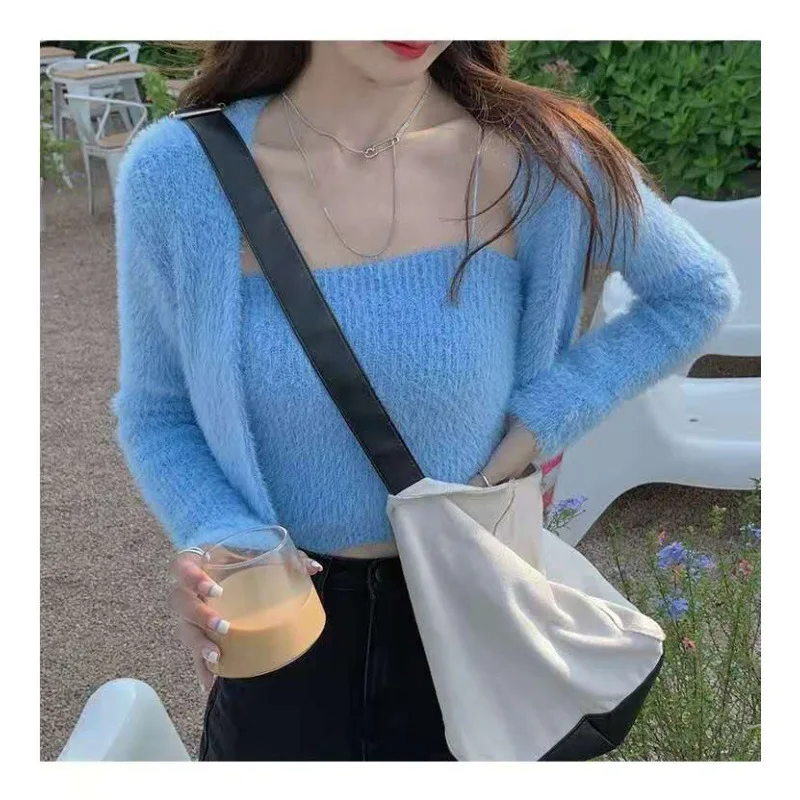 

Long Sleeved Sweater Cardigan Women's Coat Korean Version Loose Western Style Gentle Wind Imitation Mink Fur Camisole Two-Piece