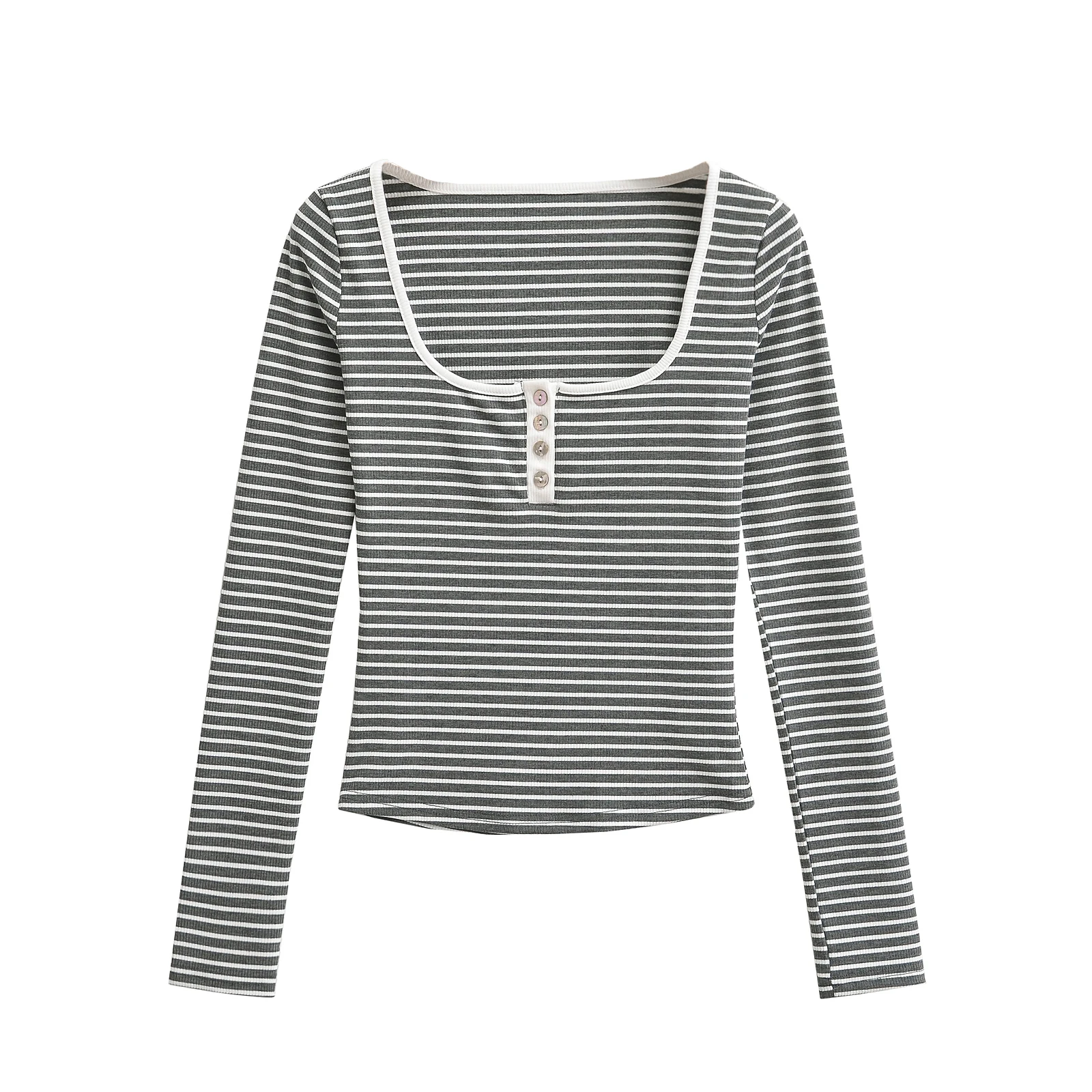 Long Sleeve Top Striped Casual Shirts & Blouses Women Front Button Square Neck Top Sexy Crop Tops For Women Kawaii Fall Clothes