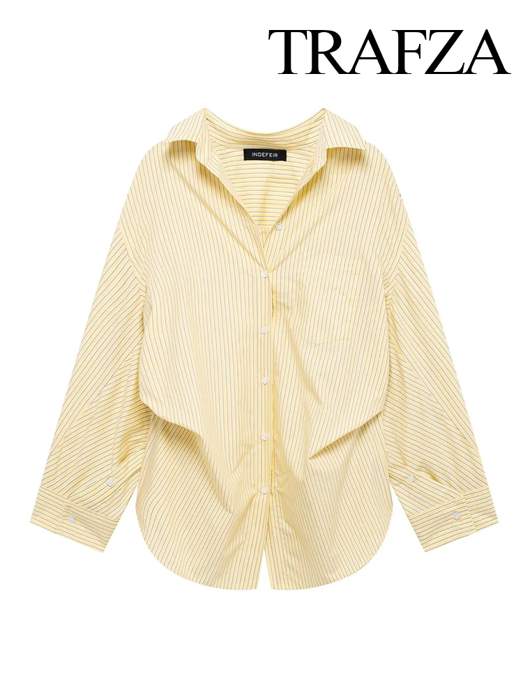 TRAFZA Women Fashion Versatile Striped Long-sleeved 8-Color Shirt Female New Splicing Loose Lapel Single-breasted Casual Shirts