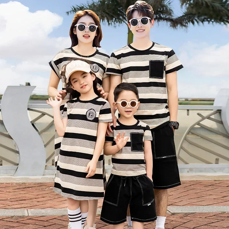Father and Daughter Dress Korea Fashion Dad Children OutfitsMatching Family Son and Mom Clothes Mother and Baby Girl Striped