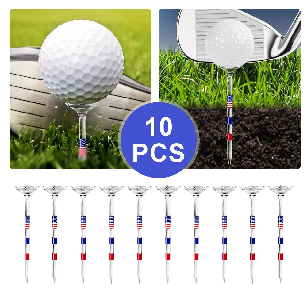 10Pcs Long Golf Tees Bulk Unbreakable 3-1/4 Inch Transparent USA American Flag Reduces Friction and Side Spin Golf Accessories