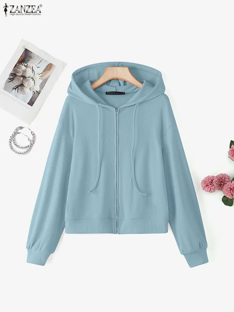 

ZANZEA женские толстовки с капюшоном, осенние однотонные кардиганы на молнии, модные повседневные толстовки 2025 года, свободные элегантные верхние пальто, толстовка