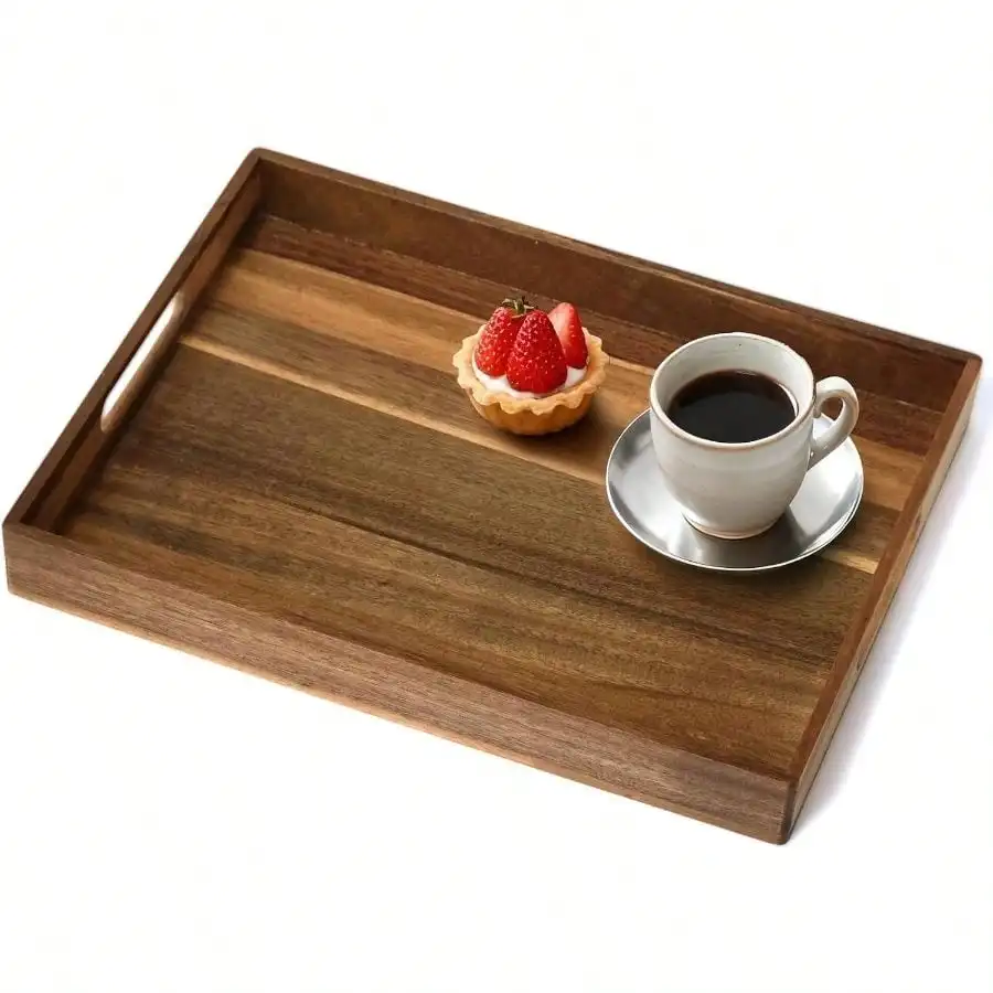 Large Acacia Wood Serving Tray With Handles 17 Inch Rectangular Wooden Serving Tray Durable Lightweight Breakfast Lunch Dinner Tray For Ottoman Living Room Kitchen Counter Outdoor Serving And Home Use