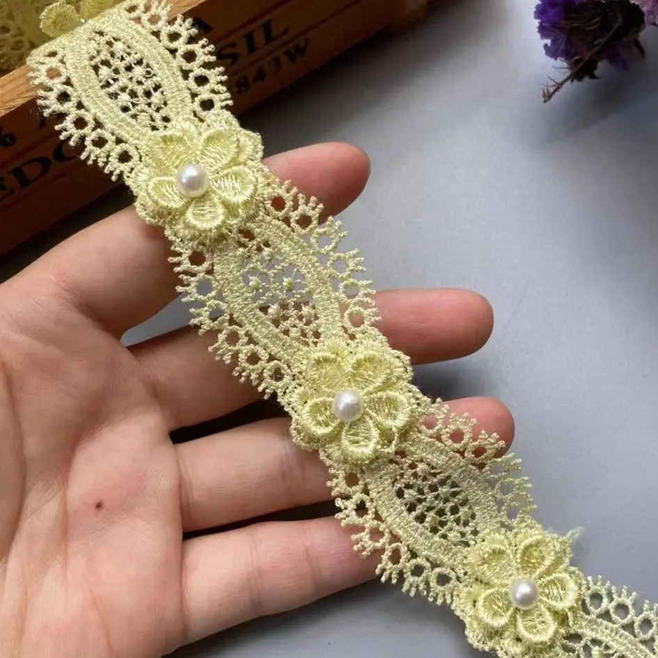 

1 yard Yellow Soluble Pearl Lace Trim Ribbon Flower Embroidered Fabric Handmade DIY For Costume Sewing Supplies Craft Decoration