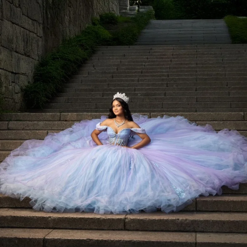 

lavender Shoulder Quinceanera Dress Lace glitter decal crystal flower Tull vestidos de 15 Quinceanera ﻿Customized