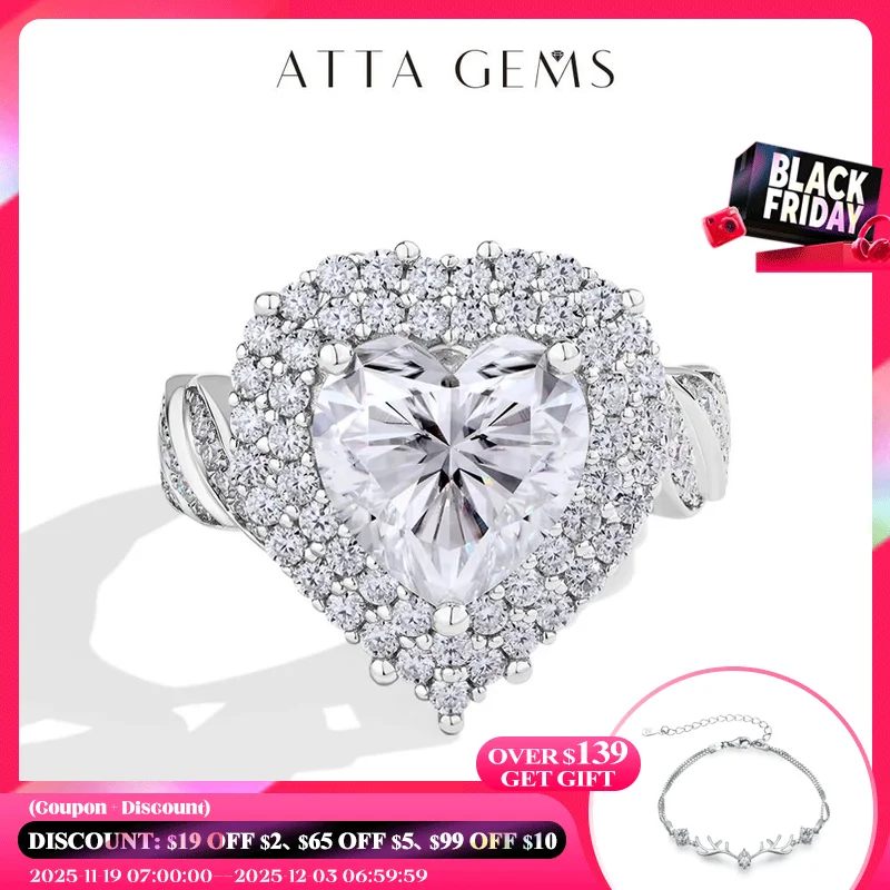 

ATTAGEMS Роскошное кольцо с бриллиантом из муассанита 4CT в форме сердца для женщин, полное D VVS1 S925, серебро ручной работы, свадебные украшения для невесты, настоящая любовь