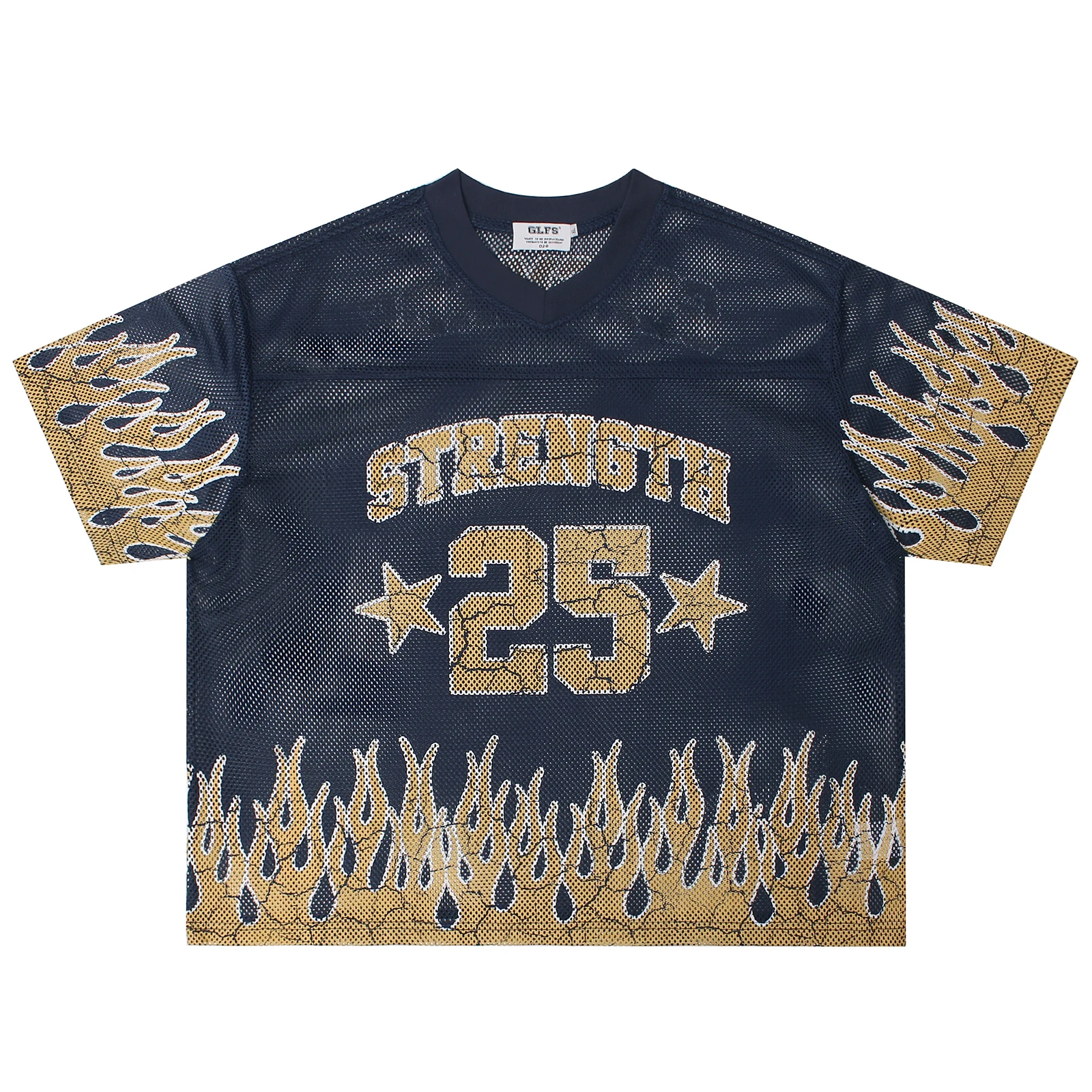 American Flame Hollow Out T-shirt Mesh See Through Jersey Y2K Baggy V-neck Number Graphic Men and Women Tee Oversized Summer