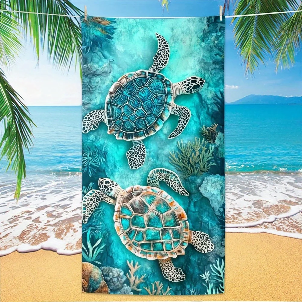 Retro Sea Turtle Print Beach Towel Blue Ocean Coral Quick Dry Towel for Summer Beach Swimming Pool Travel Camping Gym Daily Uses