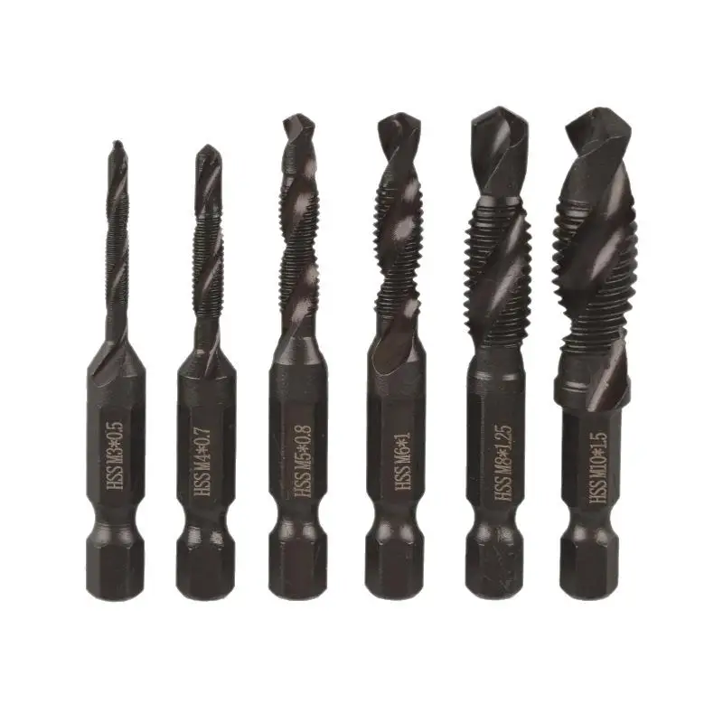 6Pcs HSS Composite Tap Drill Bit Set M3-M10 Hex Shank Spiral Flute Drilling Tapping Deburring Black Oxide Tap Bits