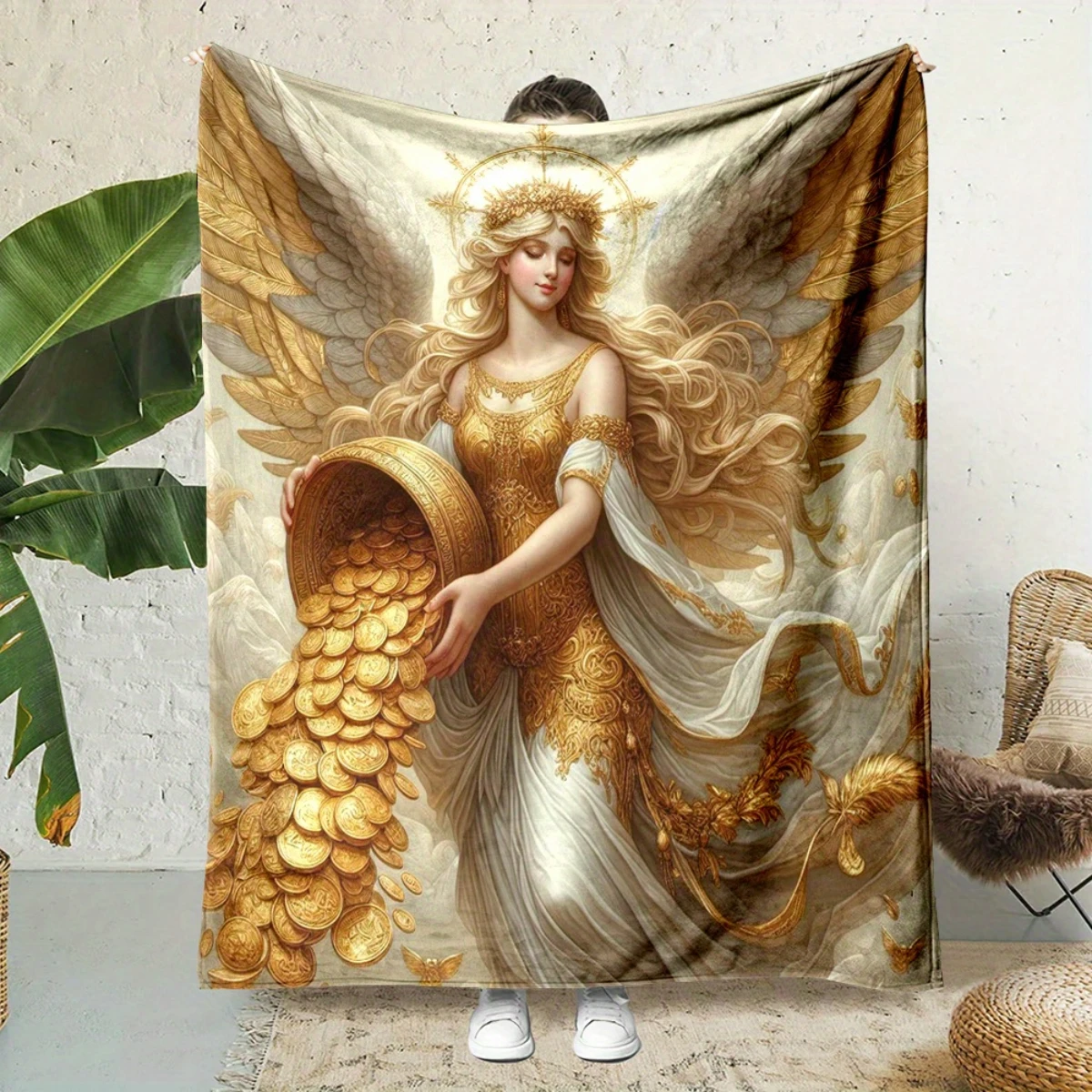 

Роскошное фланелевое одеяло с золотым принтом ангела — кровать, диван, офис, путешествие, подарок, украшение, стул, удобное и теплое, Рождество