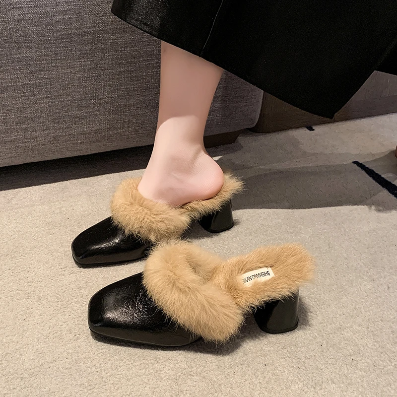 Women Slippers Pointed Toe Elegant Mules Slippers Autumn Furry High Heels Shoes Women Office Work Slides Women Zapatos De Mujer image 6