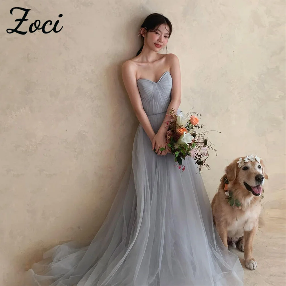 

Zoci Sweetheart Dusty Blue Korea Evening Dresses Pleat Soft Tulle Photos Shoot Dress Customized Corset Long Bride Party Gown