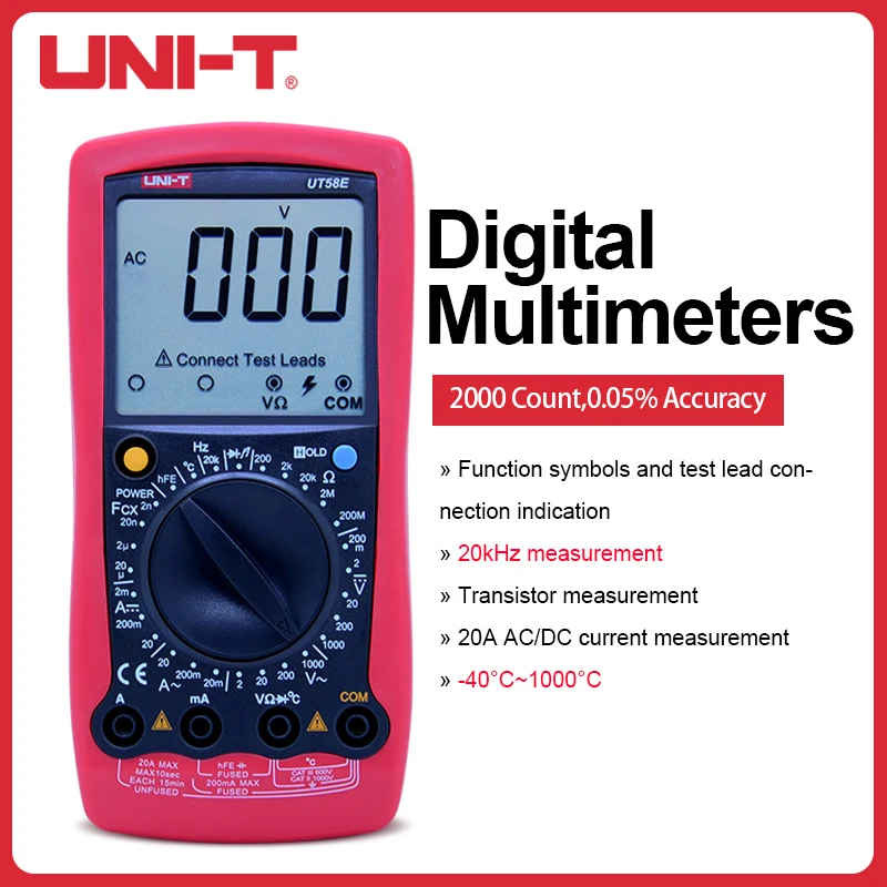 

UNI-T UT58B UT58C UT58E Digital Multimeter 1000V 20A AC/DC Current Voltage Resistance Capacitance Frequency Temperature Tester