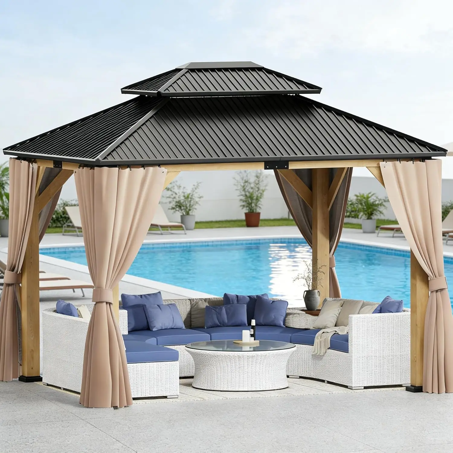 

10x12FT Outdoor Hardtop Gazebo Aluminum Double Roof with Netting & Curtains for Patio Garden Backyard Poolside, Custom