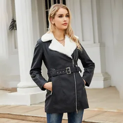 Faux Pu Leren Jas Jas 2023 Vrouwen Riem Werk Herfst Winter Warme Jassen Rits Zakken Elegante Zakken Koreaanse Jas Zwart