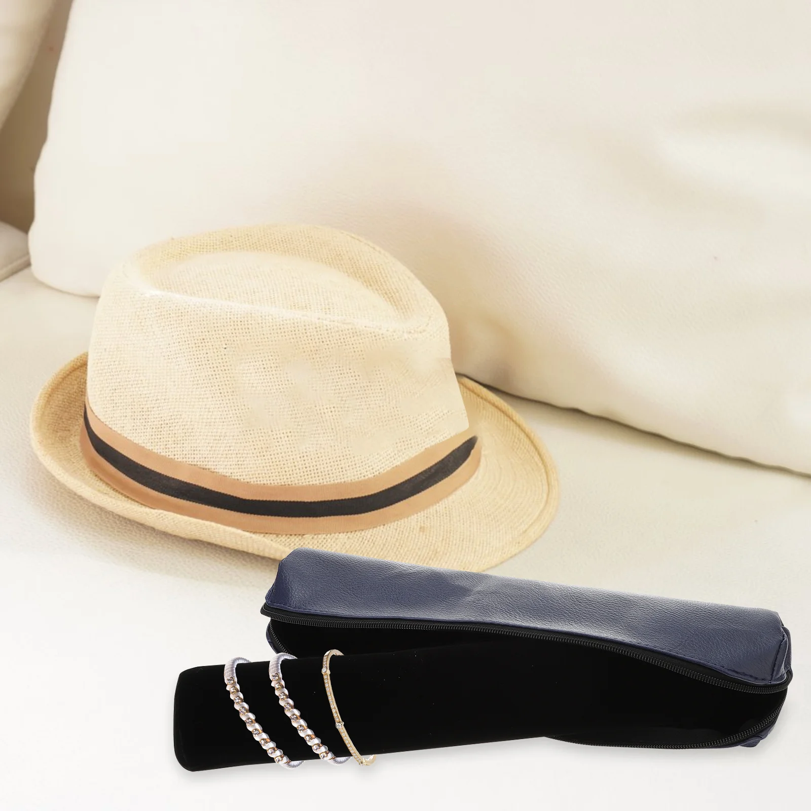 أساور مجوهرات عرض حقيبة بو غطاء أزرق داكن أسود الإسفنج لفة القابلة للإزالة لفة كيس التخزين المنظم مجوهرات السفر