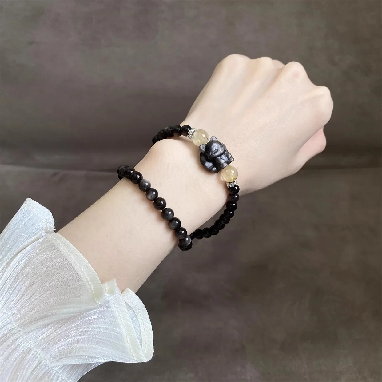 Natural Nine Tailed Fox Silver Obsidian Bracelet Minimalist Rutilated Quartz Double Layer Beaded Bracelet Gifts