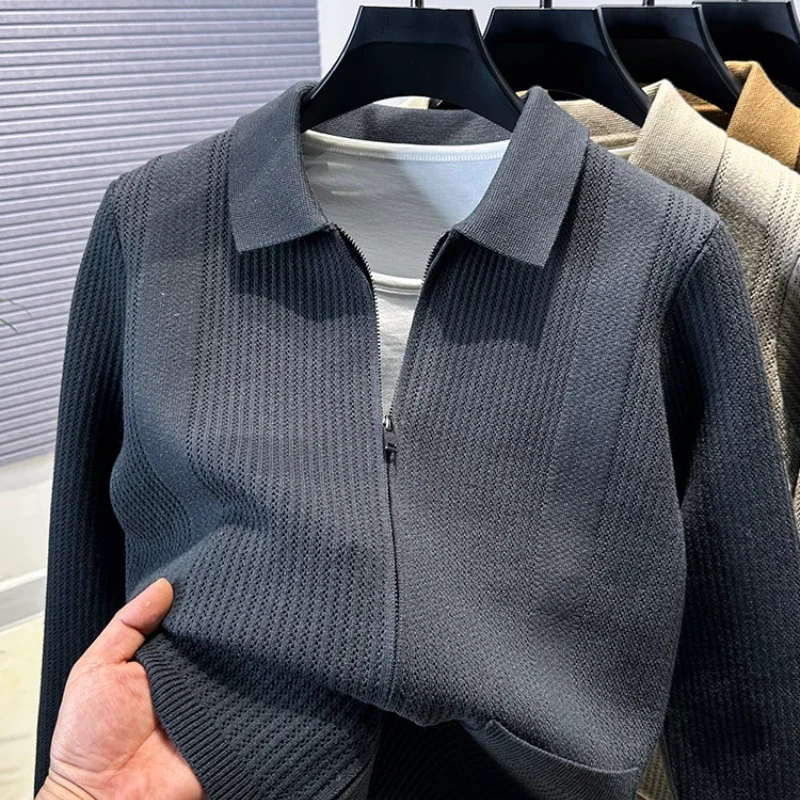 Man's New Autumn High-quality Pullover Sweater Solid color Zipper Plaid pocket Knitted sweater Coat Casual Jacket Men's clothing