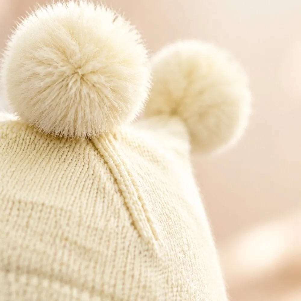 Soft Windproof Knitted Hat Double Ball Korean Style Ear Protection Hat Solid Color Beanie cap winter