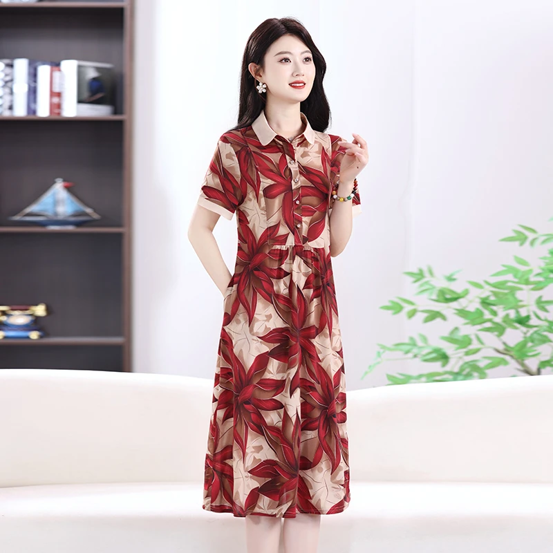 夏の女性の半袖ドレスミディアム丈スタイリッシュな中高年ママ痩身花柄スカート膝上