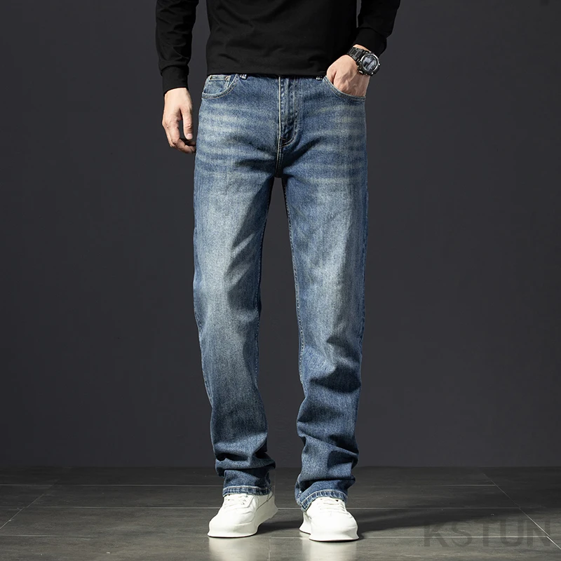 Jeans da uomo alti 190CM pantaloni lunghi classici blu Exra primavera autunno Plus Size 38 40 pantaloni maschili elasticizzati Slim dritti per ragazzi grandi