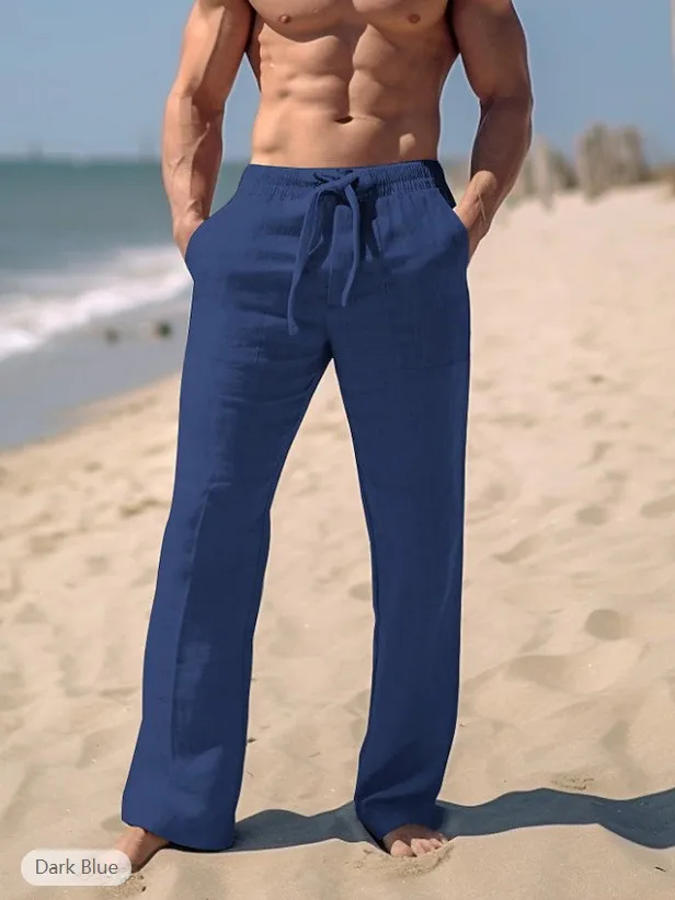 Men's Linen Four-season Beach Trousers Drawstring Elastic Waist Straight Flat, Comfortable And Breathable