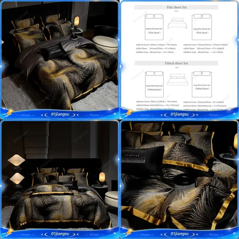 4Pcs Luxury Black Gold Brocade Jacquard Egyptian Cotton Bedding Set Duvet Cover Flat Fitted Sheet Pillowcases Home Textile
