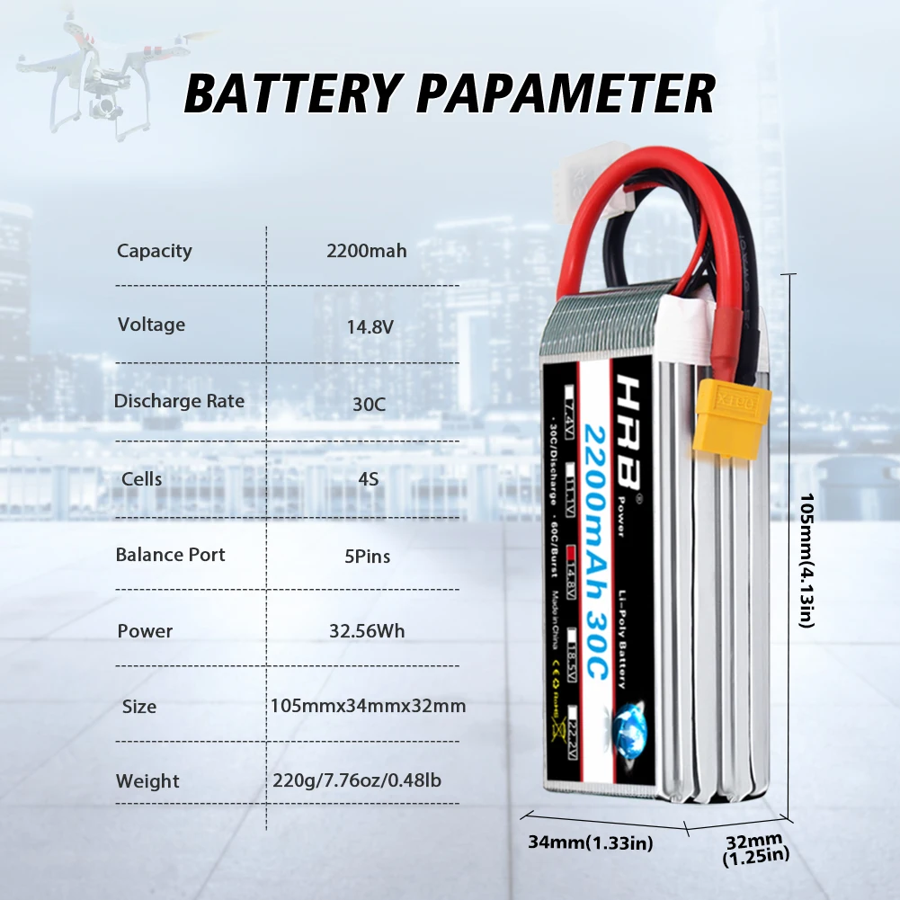 HRB 4S 2200mah Lipo Battery 14.8v RC Battery 30C with XT60 Connector 105*34*32mm for UVA Fpv Drones Airplane RC Truck RC Car