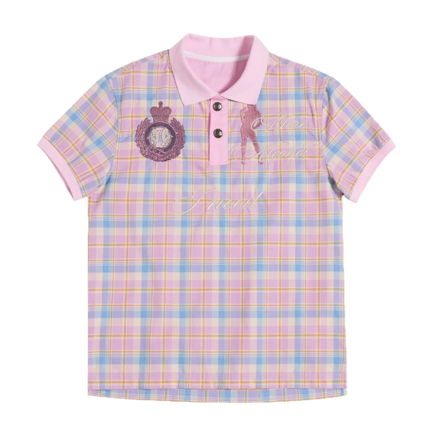 Vintage Macaron Couleur Check Polo T-shirt Dames Couronne Avant Patch Retour Grande Impression Lâche Preppy Esthétique À Manches Courtes Blouse
