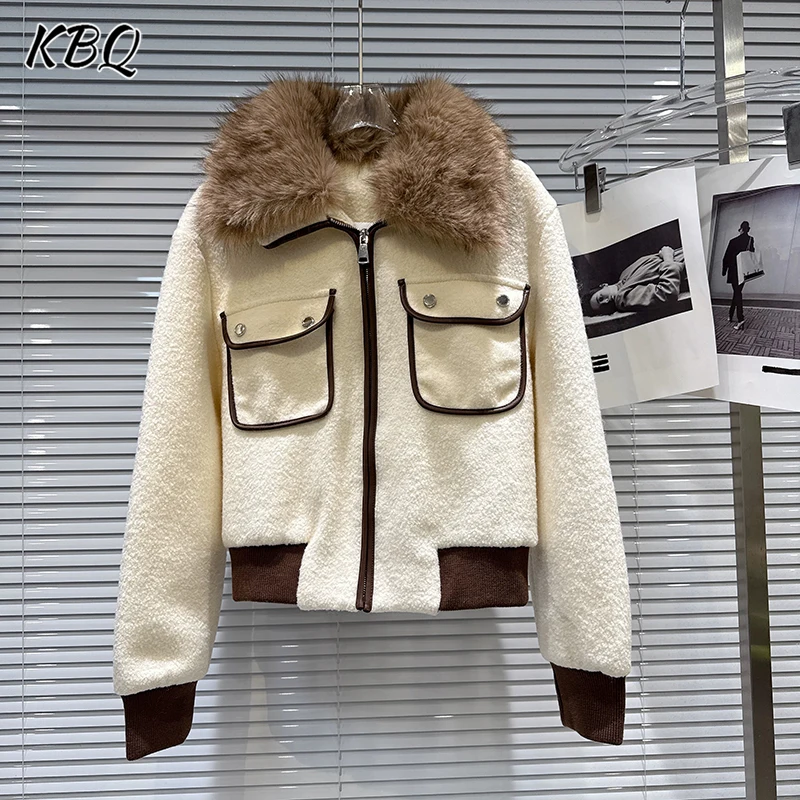 

KBQ Hit Color Spliced Feather Loose Chic Jackets for Women Fur Collar Long Sleeve Temperament Patchwork Pocket Coat Female New