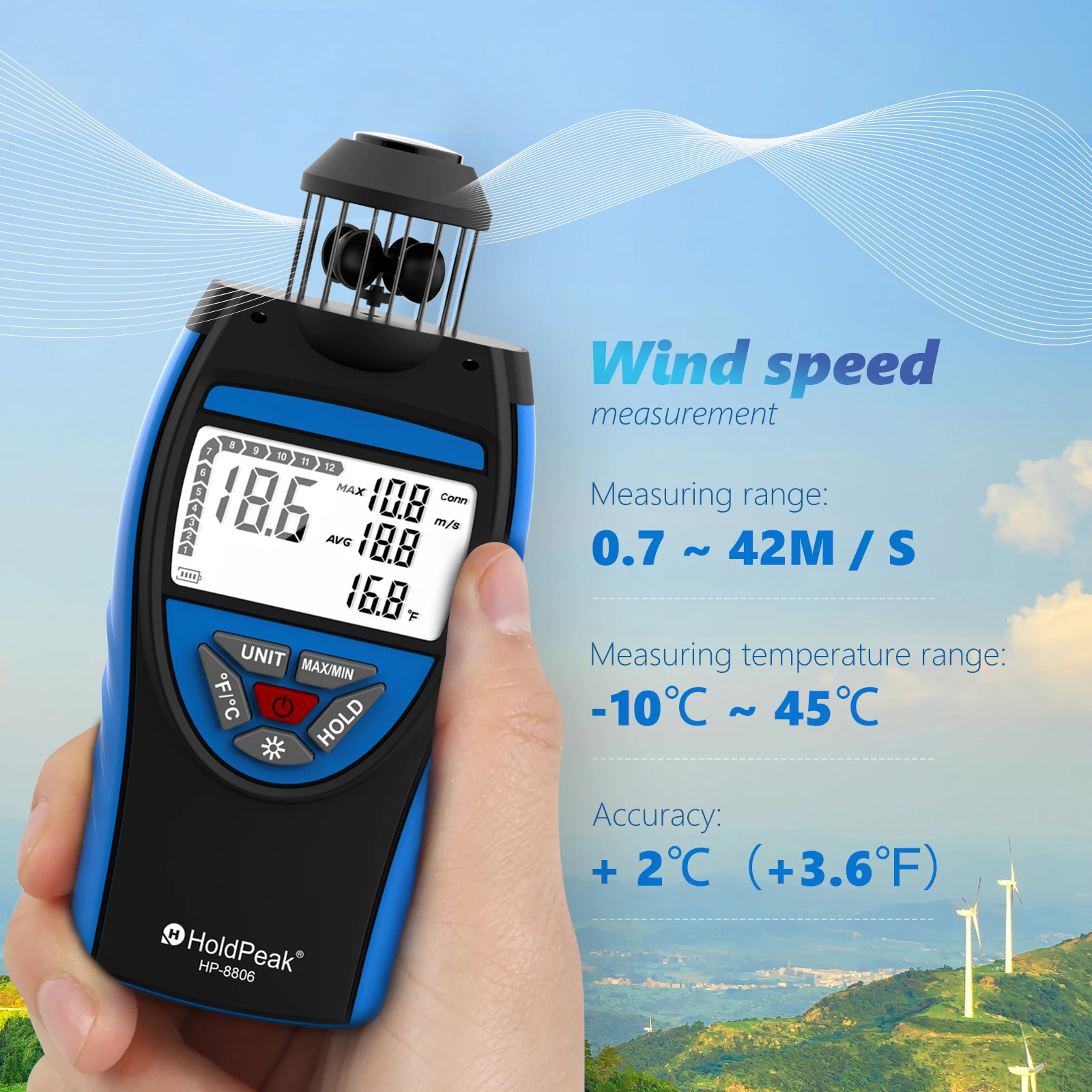 HoldPeak HP-8806 Wind Cup Anemometer Wind Speed Unit Adjustable Wind Temperature Measuring with Compass LCD Max/Min Data Hold ℃