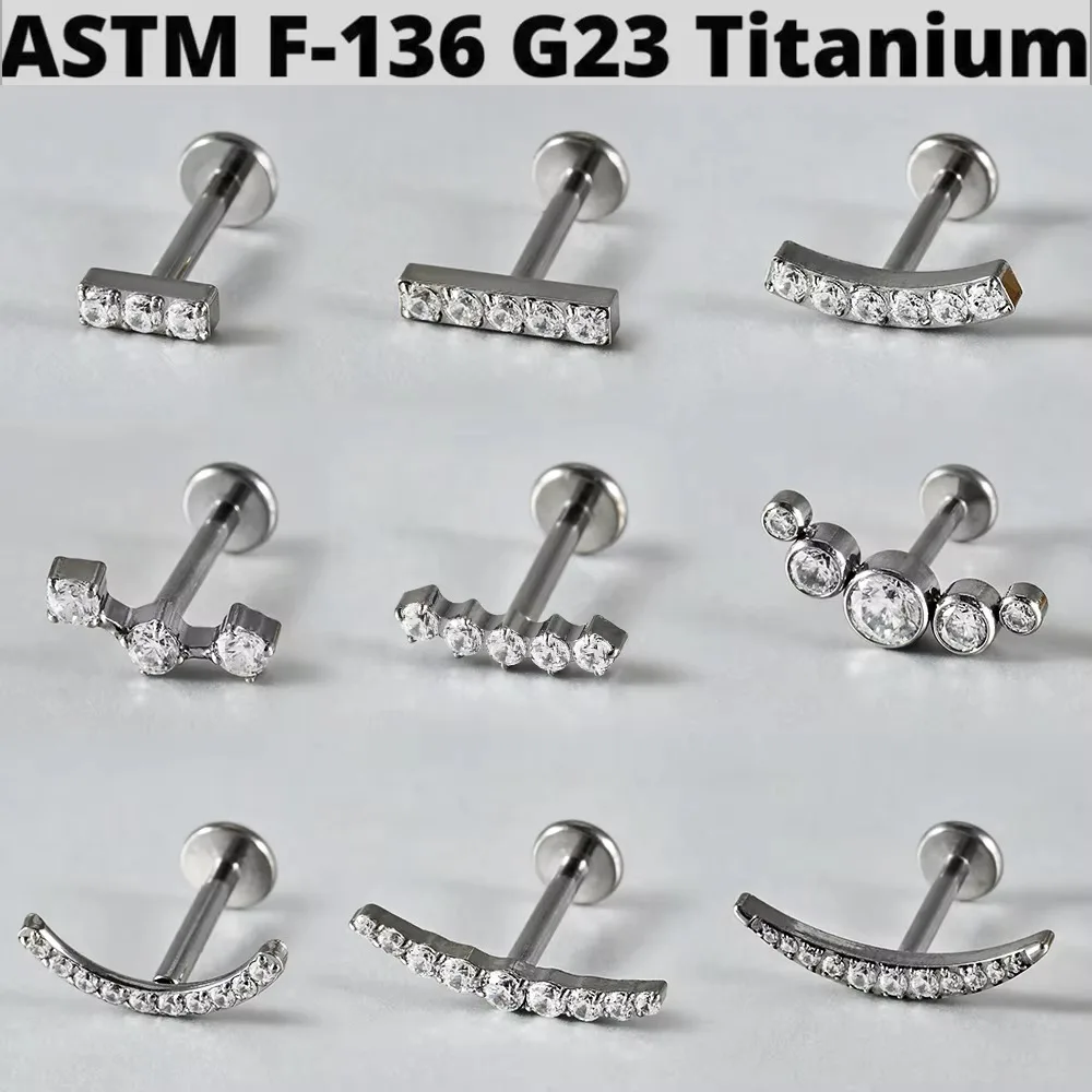 1PC G23 Titanium CZ Gem Labret Lip Studs Zircon Cluster Curved Helix Conch Cartilage Tragus Daith Earrings Piercing Jewelry 16G
