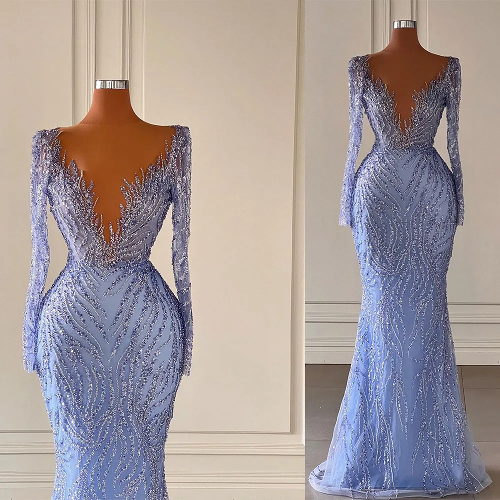 Sexy Beads mermaid Evening Dresses Elegant Deep V Neck Prom Dress Full Sleeve Lace Shiny robe de soiree