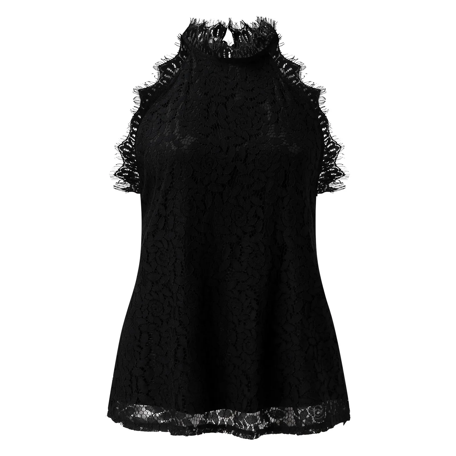 Lace Crochet Shirt 2023 Summer New Hollow out Sleeveless Back Hanging Neck Solid Elegant Sweet Shirt