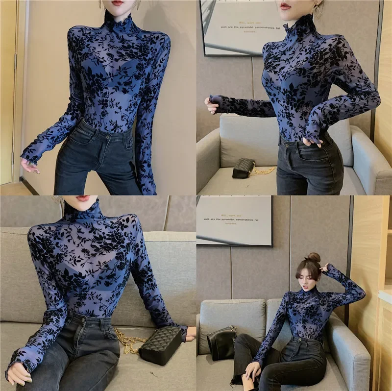 Size M-XXXL Transparent Flocking Mesh T-shirt Women Turtleneck Slim Long Sleeve T Shirts Girls Elastic Tops Tees Shirts
