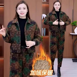 Women Casual Sportswear Sets New Autumn Winter Add Velvet Warm Printed Jacket + Haren Straight Pants Suits Ladies Fashion Outfit