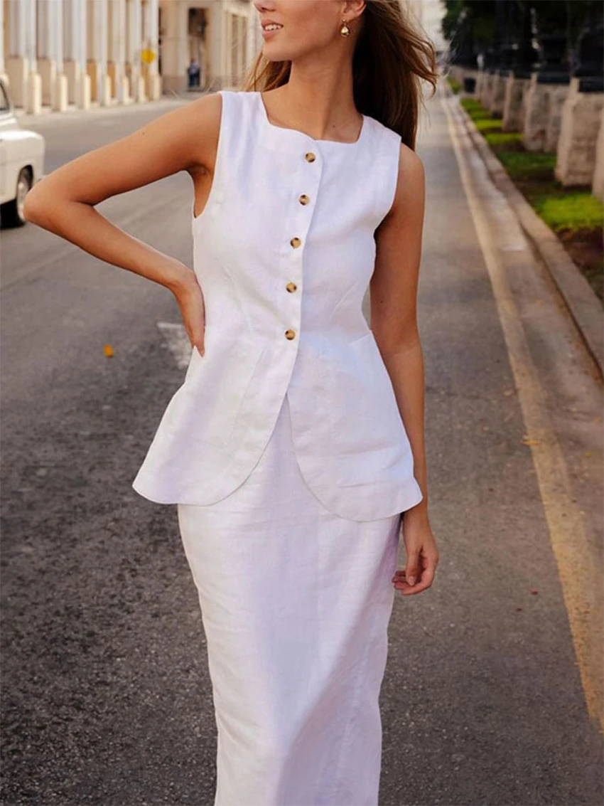 

WXOY Women's Summer 2 Piece Suit Skirt Set Business Work Set Button Down Sleeveless Vest Blazer and Pencil Skirt