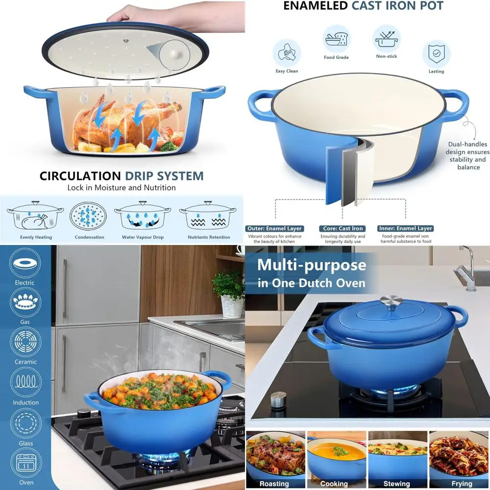 

Enameled Cast Iron Dutch Oven, 7QT Blue, Non-Stick Oven Safe, Easy Clean, Ideal for Baking Bread, Braising, Stewing, Roasting