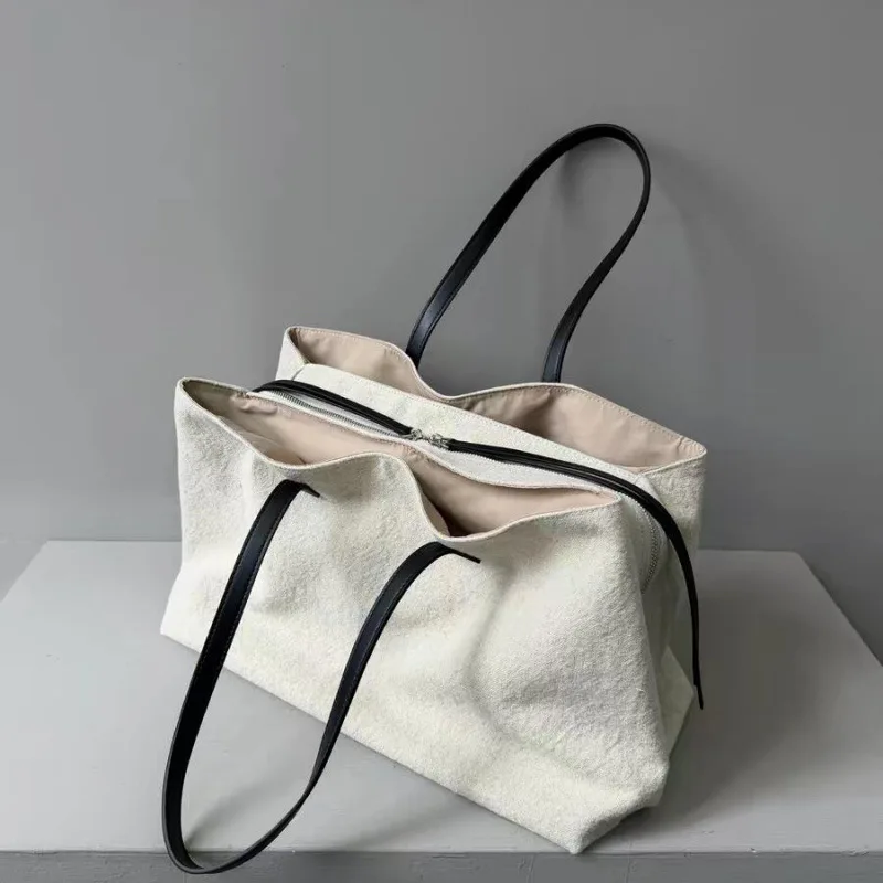 Casual Linen Tote Bag Pure Color Retro Large Capacity Commuting Fitness Women's Handbag Soft Handle Double Shoulder Strap